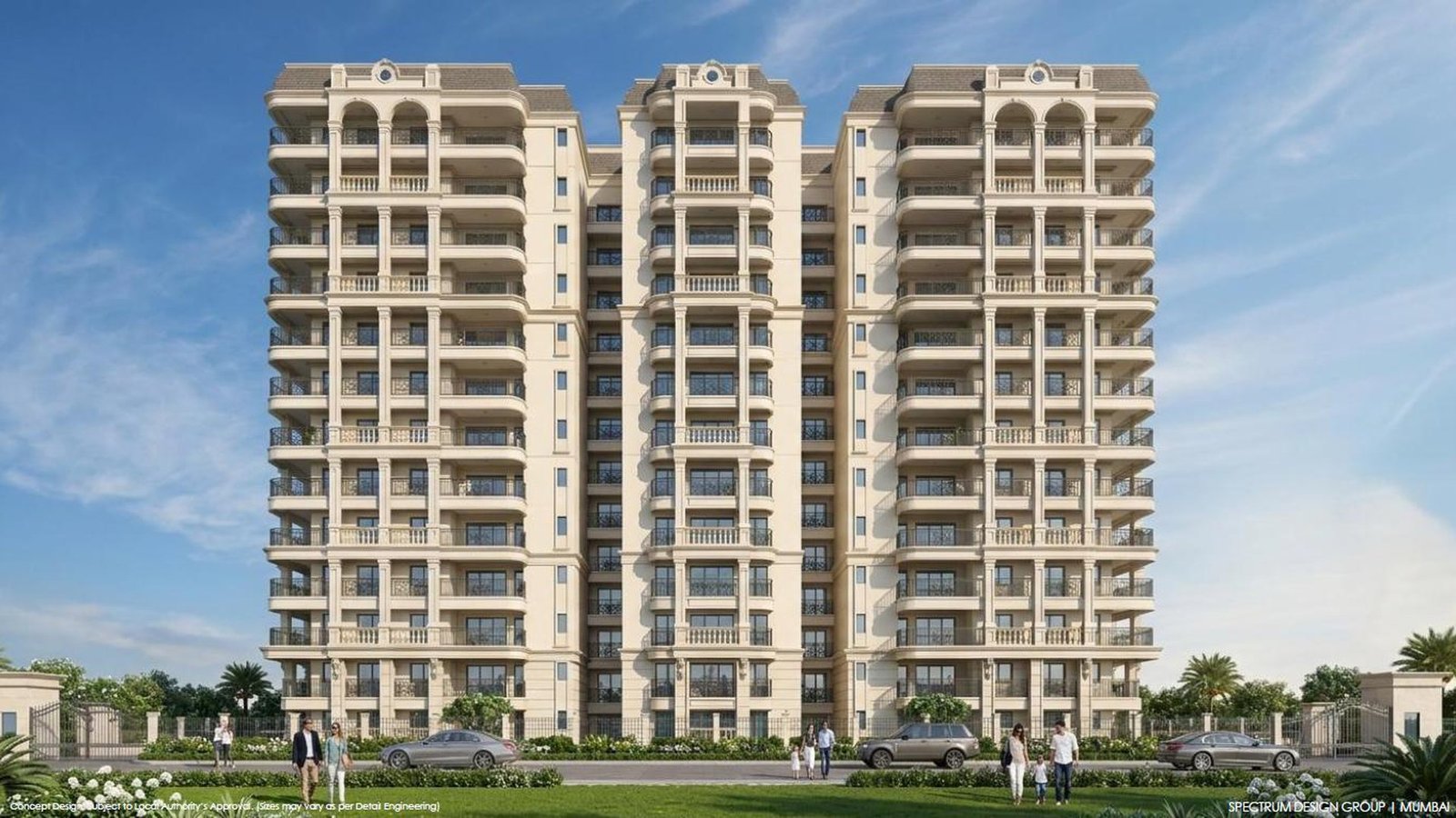 Artistic impression of the Rohit Avenue residential tower, full front elevation with sky, Sector-10A, Vrindavan Yojana, Lucknow