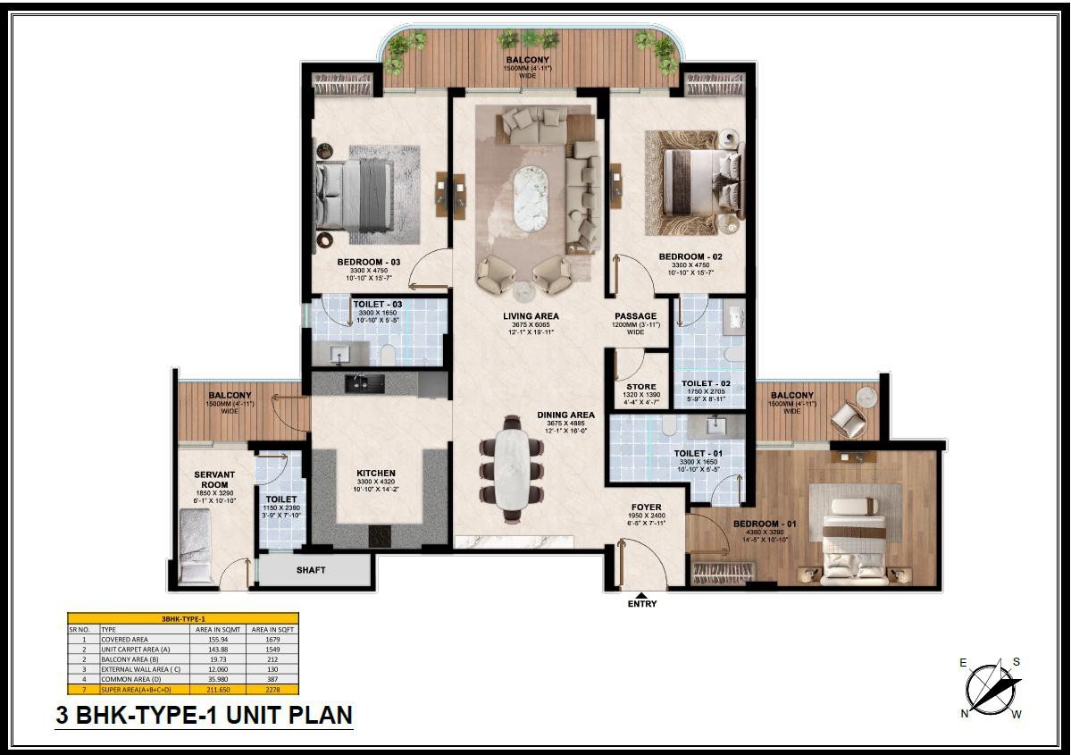 3 BHK Type-1 unit plan with entry, living and dining area, three bedrooms, kitchen, store, servant room with toilet, three toilets, 1500 mm wide balconies and the area table