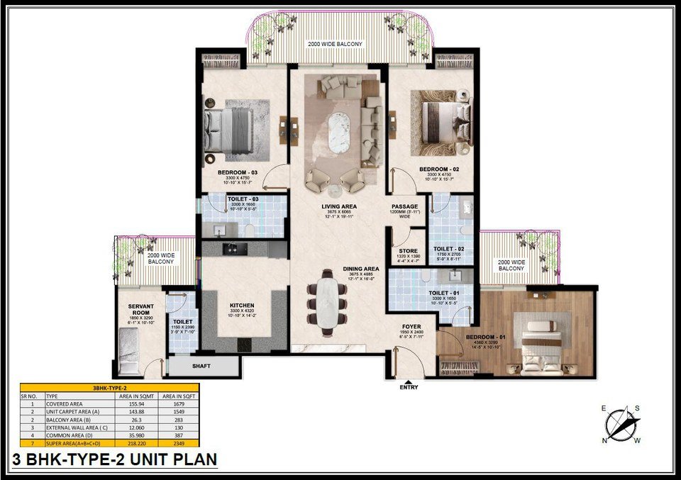 3 BHK Type-2 floor plan at Rohit Avenue: living and dining, three bedrooms, kitchen, servant room, three toilets and three balconies