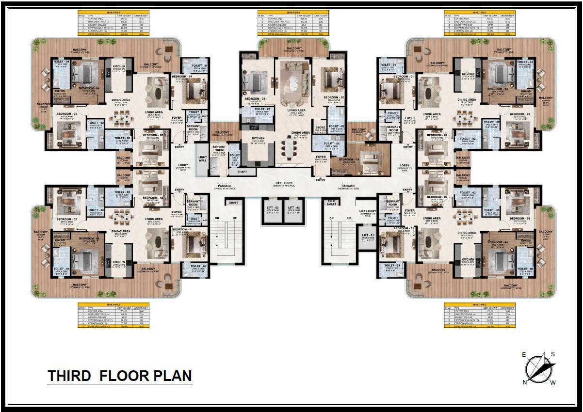 Third floor plan of Rohit Avenue showing six apartments per floor around a central lift lobby with three lifts and two staircases
